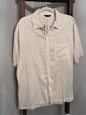 Men's Casual Cream Short-Sleeve Button-Down Shirt XXL